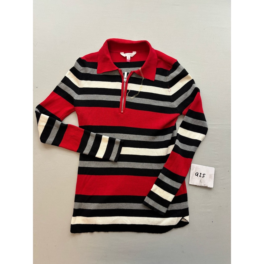 No Boundaries Juniors XL Red Black White Striped Quarter Zip Ribbed Sweater